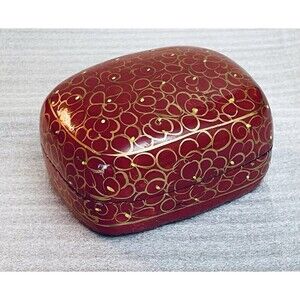 Vtg Handmade Paper Mache Burgundy Red Gold Floral Swirls Trinket Box 3.5"x3"x1.7